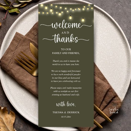 "Welcome and Thanks" Rustic Reception Guest Card Programmakaart