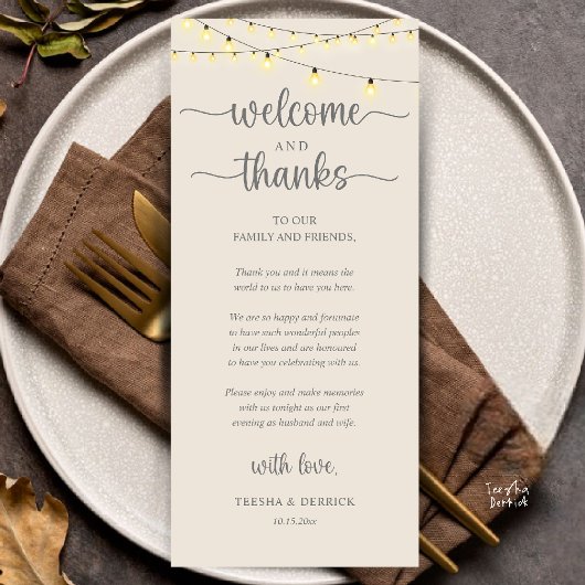 "Welcome and Thanks" Rustic Reception Guest Card Programmakaart