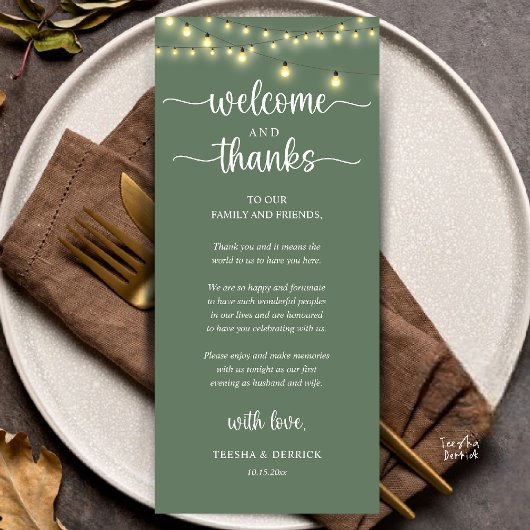 "Welcome and Thanks" Rustic Reception Guest Card Programmakaart