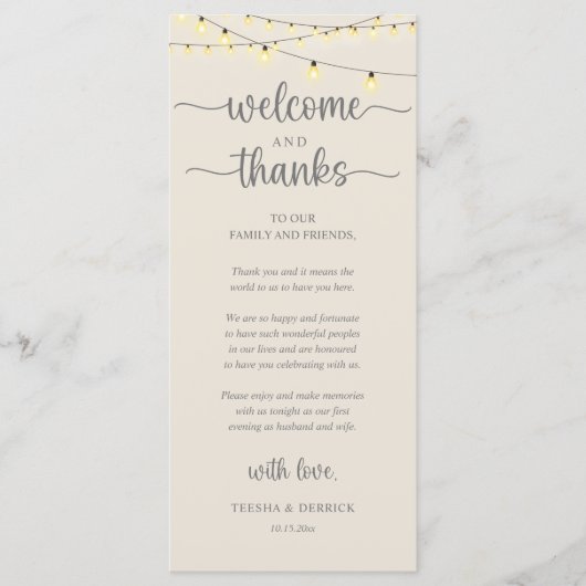 "Welcome and Thanks" Rustic Reception Guest Card Programmakaart (Voorkant)