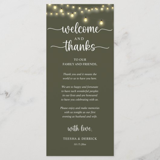 "Welcome and Thanks" Rustic Reception Guest Card Programmakaart (Voorkant)