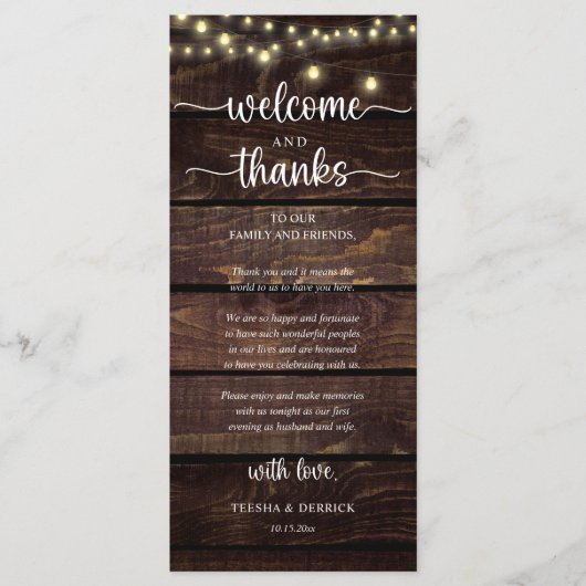 "Welcome and Thanks" Rustic Reception Guest Card Programmakaart (Voorkant)