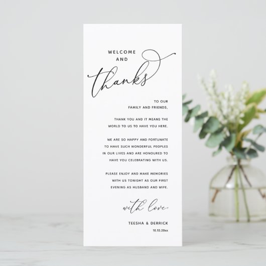 Welcome and Thanks, Wedding Dinner Thank You Card Programmakaart (Staand voorkant)
