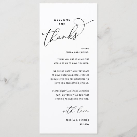 Welcome and Thanks, Wedding Dinner Thank You Card Programmakaart (Voorkant)