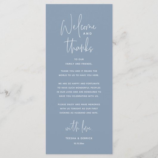 Welcome and Thanks, Wedding Dinner Thank You Card Programmakaart (Voorkant)