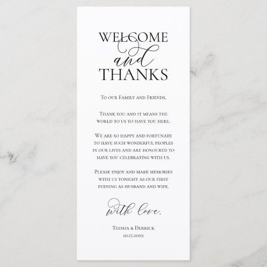 Welcome and Thanks Wedding Dinner Thank You Card Programmakaart (Voorkant)