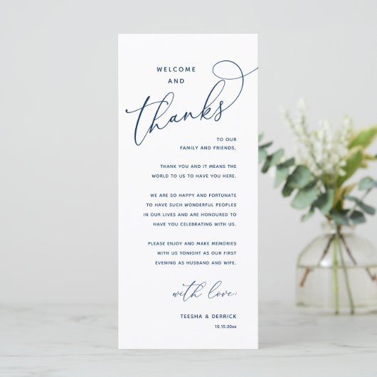 Welcome and Thanks, Wedding Dinner Thank You Card Programmakaart (Staand voorkant)