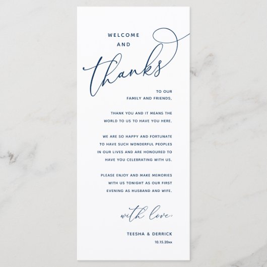 Welcome and Thanks, Wedding Dinner Thank You Card Programmakaart (Voorkant)
