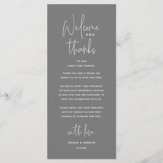 Welcome and Thanks, Wedding Dinner Thank You Card Programmakaart (Voorkant)