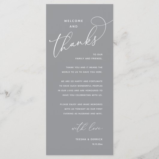 Welcome and Thanks, Wedding Dinner Thank You Card Programmakaart (Voorkant)