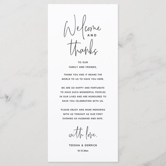 Welcome and Thanks, Wedding Dinner Thank You Card Programmakaart (Voorkant)