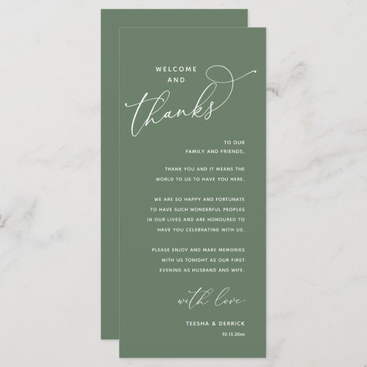 Welcome and Thanks, Wedding Dinner Thank You Card Programmakaart (Voorkant / Achterkant)