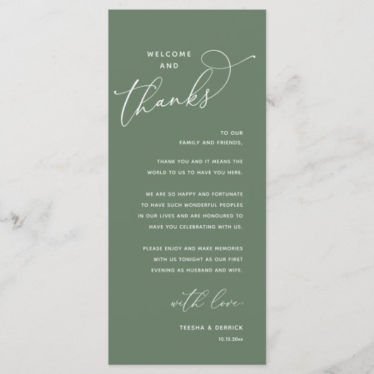 Welcome and Thanks, Wedding Dinner Thank You Card Programmakaart (Voorkant)