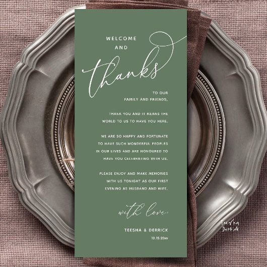 Welcome and Thanks, Wedding Dinner Thank You Card Programmakaart