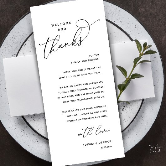 Welcome and Thanks, Wedding Dinner Thank You Card Programmakaart