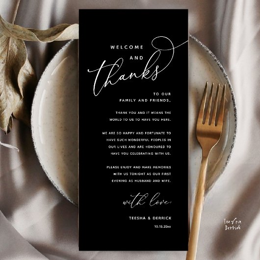Welcome and Thanks, Wedding Dinner Thank You Card Programmakaart