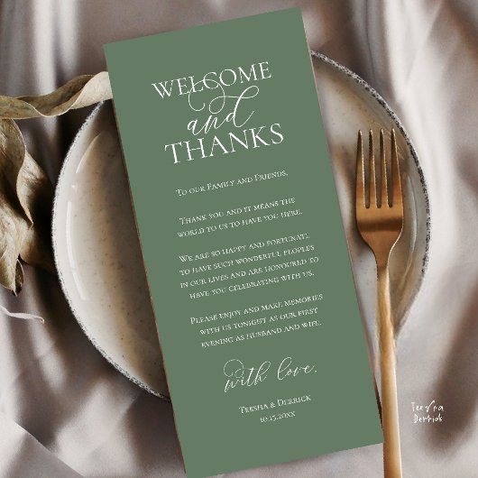 Welcome and Thanks Wedding Dinner Thank You Card Programmakaart