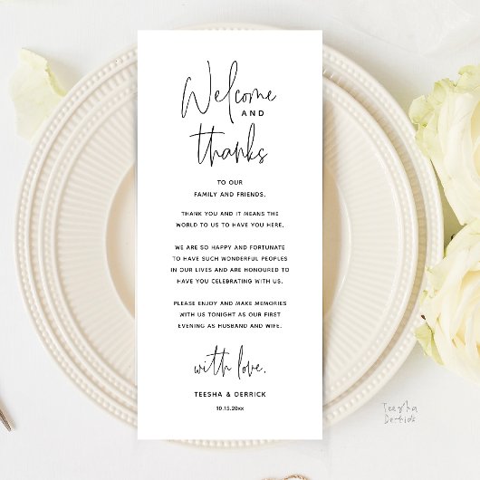 Welcome and Thanks, Wedding Dinner Thank You Card Programmakaart