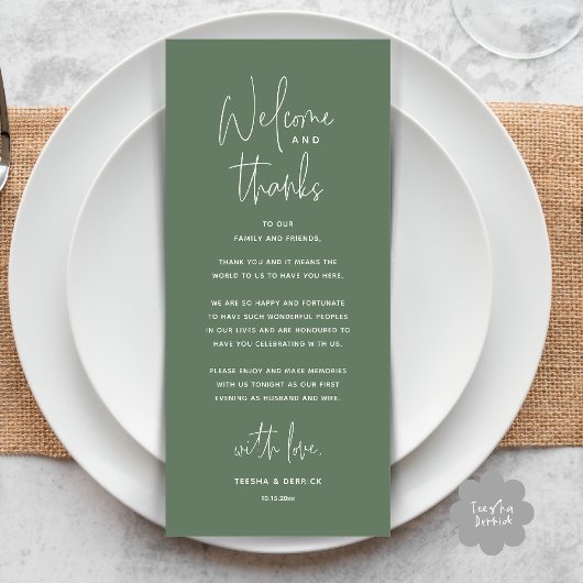 Welcome and Thanks, Wedding Dinner Thank You Card Programmakaart