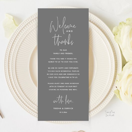 Welcome and Thanks, Wedding Dinner Thank You Card Programmakaart