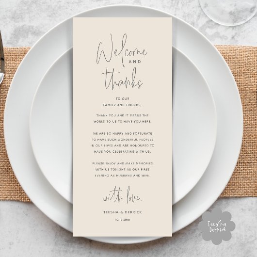 Welcome and Thanks, Wedding Dinner Thank You Card Programmakaart