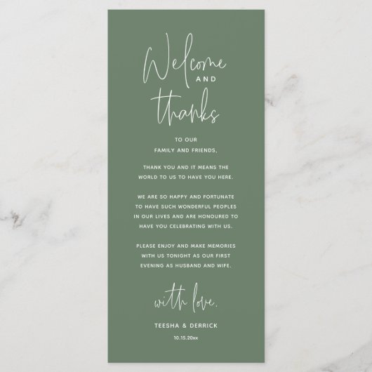 Welcome and Thanks, Wedding Dinner Thank You Card Programmakaart (Voorkant)