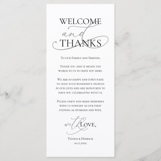 Welcome and Thanks, Wedding Dinner Thank You Card Programmakaart (Voorkant)