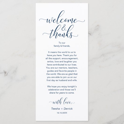Welcome and Thanks Wedding Place Setting Card Programmakaart (Voorkant)