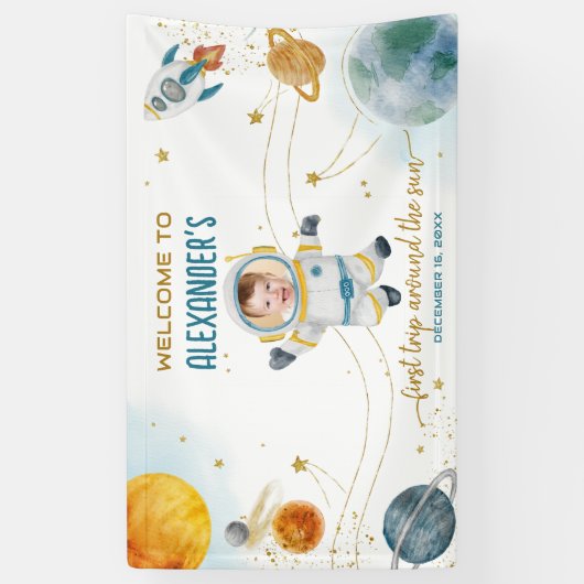 Welcome Around the Sun Space Photo First Birthday Spandoek (Verticaal)