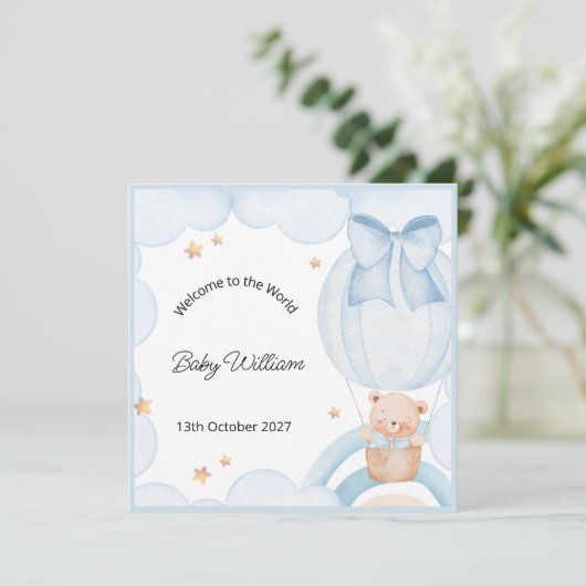 Welcome Baby Boy Balloon Teddy Bear Card (Staand voorkant)