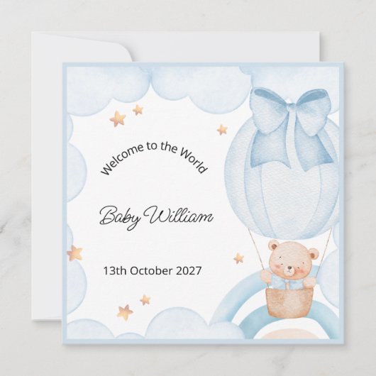 Welcome Baby Boy Balloon Teddy Bear Card (Voorkant)