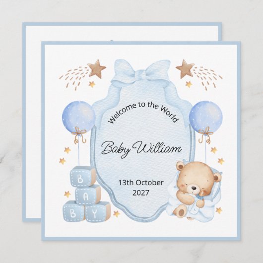 Welcome Baby Boy Blue Frame Teddy Bear Card (Voorkant / Achterkant)