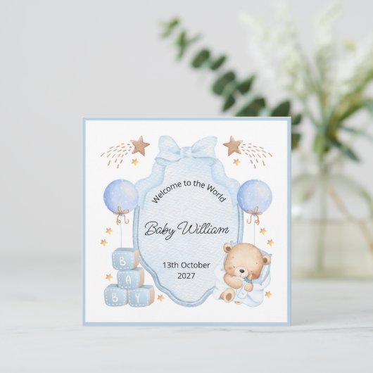 Welcome Baby Boy Blue Frame Teddy Bear Card (Staand voorkant)