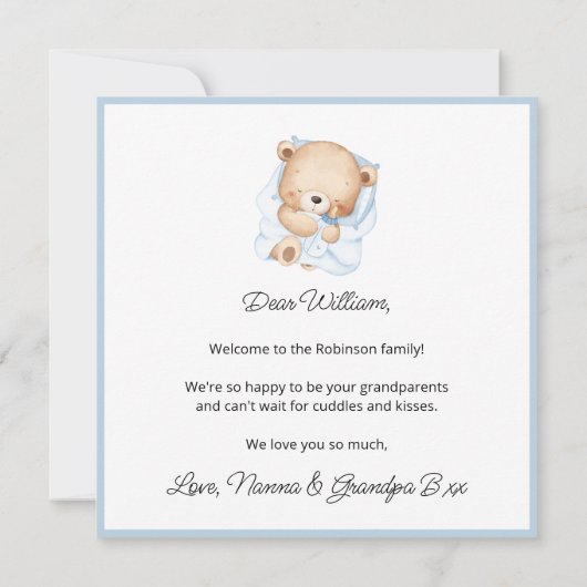 Welcome Baby Boy Blue Frame Teddy Bear Card (Achterkant)