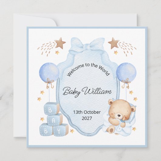 Welcome Baby Boy Blue Frame Teddy Bear Card (Voorkant)
