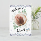 Welcome baby round photo boy bedankkaart (Staand voorkant)