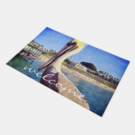 Welcome Beach Pier Pelican Bird Photo Script Deurmat (Schuin)