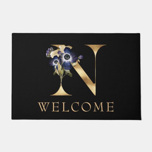 WELCOME Black and Gold Herfst Monogram N Doormat Deurmat (Voorkant)