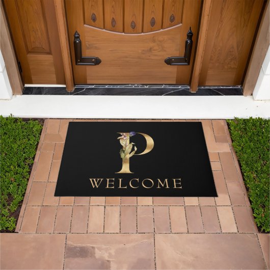 WELCOME Black and Gold Herfst Monogram P Doormat Deurmat (Buiten)