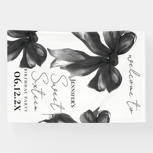 Welcome Black Bow Coquette Script Sweet 16 Party Spandoek (Horizontaal)