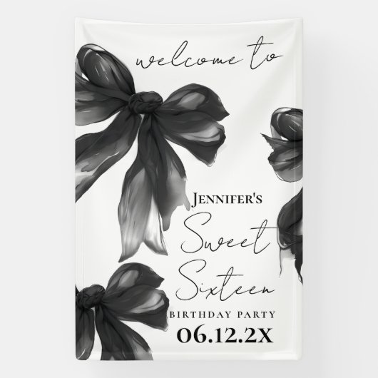 Welcome Black Bow Coquette Script Sweet 16 Party Spandoek (Verticaal)