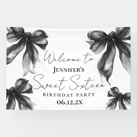 Welcome Black Bow Coquette Script Sweet 16 Spandoek (Horizontaal)