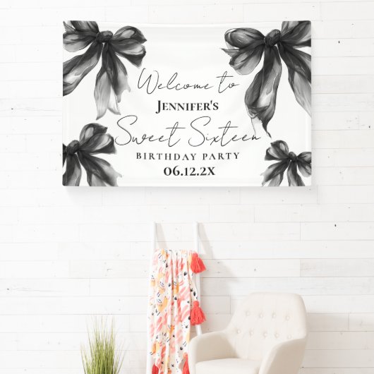 Welcome Black Bow Coquette Script Sweet 16 Spandoek (Insitu)