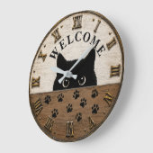 Welcome Black Cat Cute Peeking Kitty Rustic Farmho Grote Klok (Hoek)