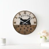Welcome Black Cat Cute Peeking Kitty Rustic Farmho Grote Klok (Huis)