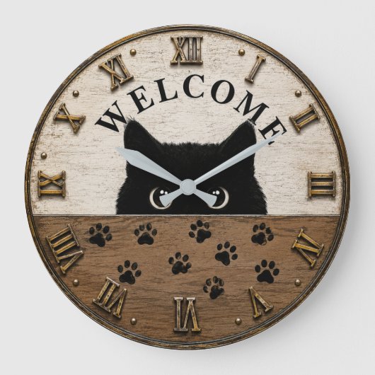 Welcome Black Cat Cute Peeking Kitty Rustic Farmho Grote Klok (Voorkant)