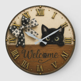 Welcome Black Kitten Cute Peeking Cat Grote Klok