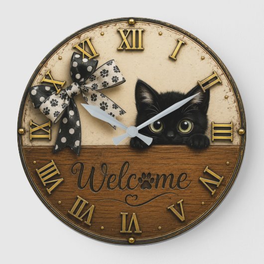 Welcome Black Kitten Cute Peeking Cat Grote Klok (Voorkant)