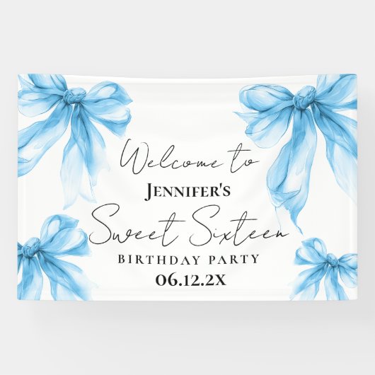 Welcome Blue Bow Coquette Script Sweet 16 Spandoek (Horizontaal)