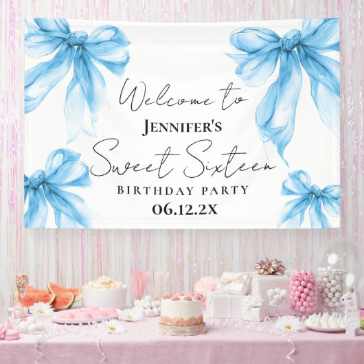 Welcome Blue Bow Coquette Script Sweet 16 Spandoek (Feest)